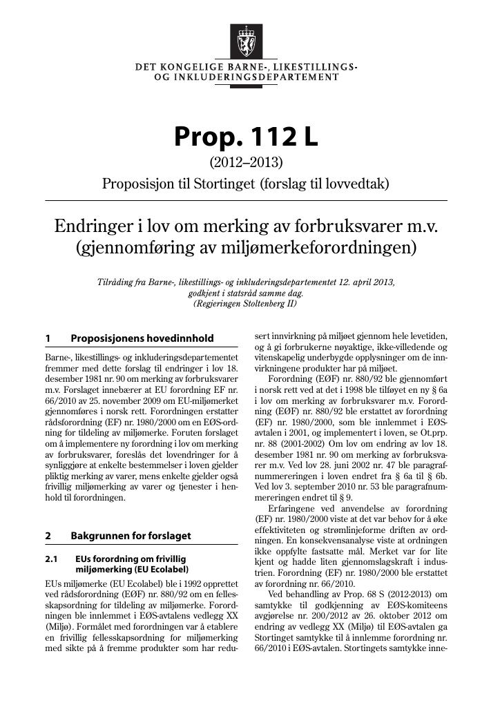 Forsiden av dokumentet Prop. 112 L (2012–2013)