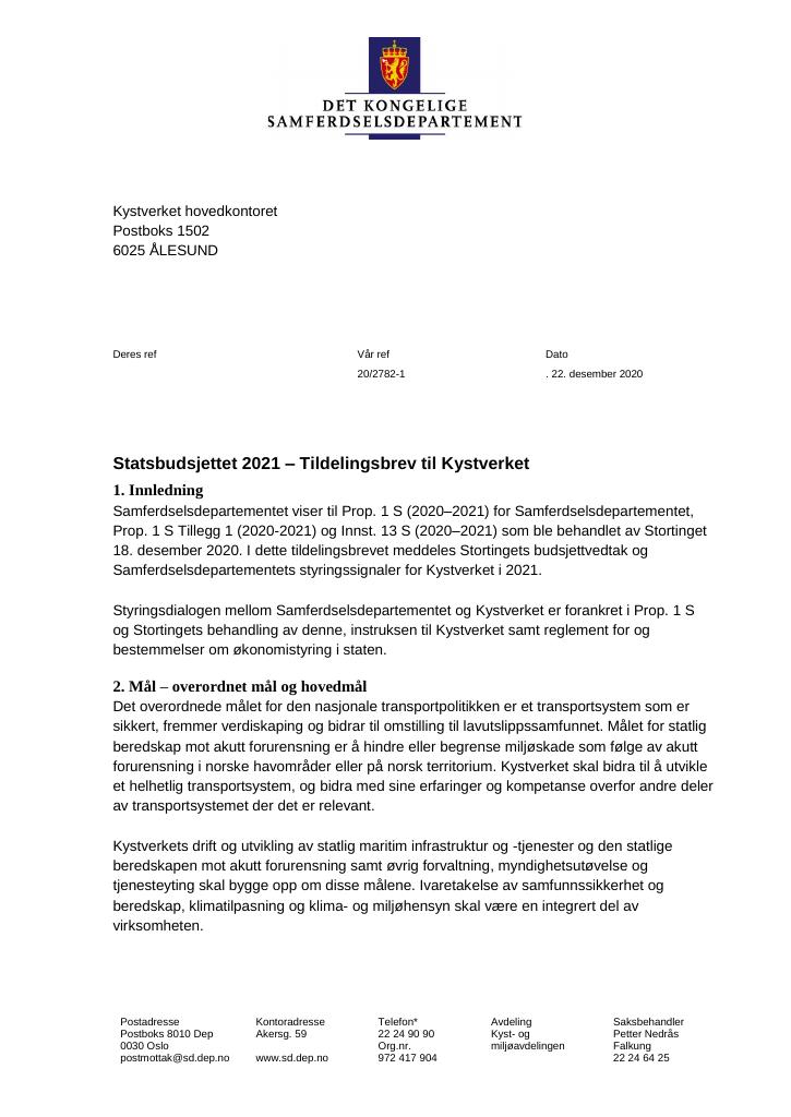 Forsiden av dokumentet Tildelingsbrev Kystverket 2021