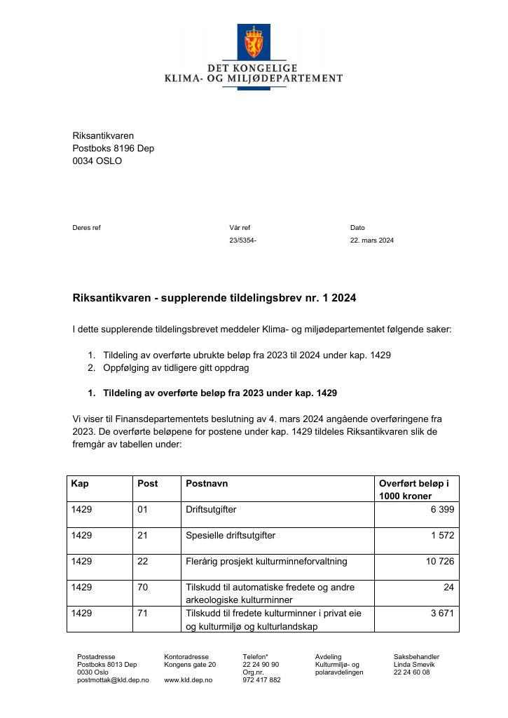 Forsiden av dokumentet Supplerende tildelingsbrev 23.03.2024