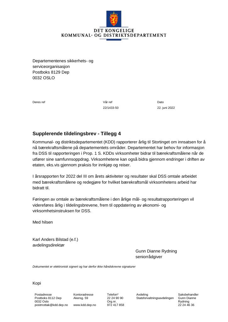 Forsiden av dokumentet Tildelingsbrev Departementenes sikkerhets- og serviceorganisasjon 2022 - tillegg nr. 4