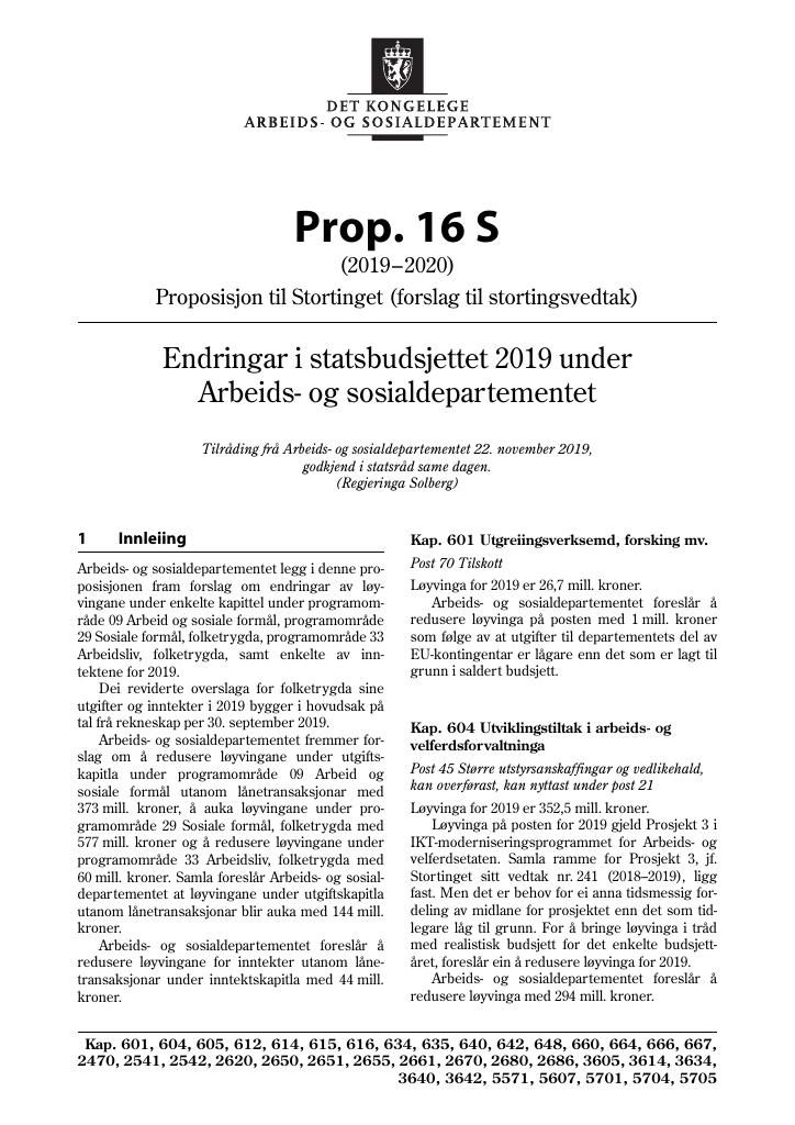 Forsiden av dokumentet Prop. 16 S (2019–2020)