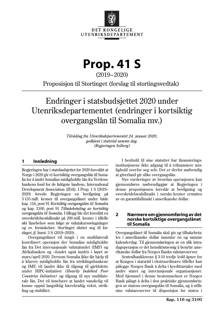 Forsiden av dokumentet Prop. 41 S (2019–2020)