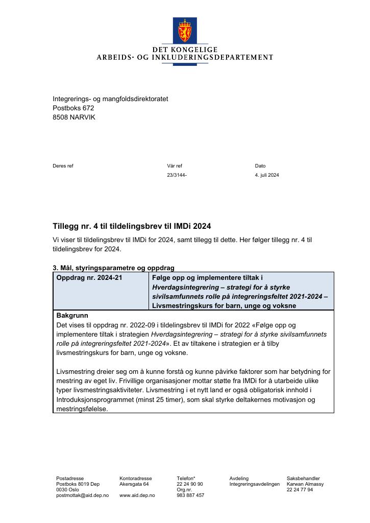 Forsiden av dokumentet Tildelingsbrev Integrerings- og mangfoldsdirektoratet (IMDi) 2024 - tillegg nr. 4