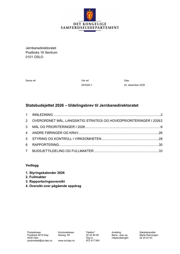 Forsiden av dokumentet Tildelingsbrev Jernbanedirektoratet 2026