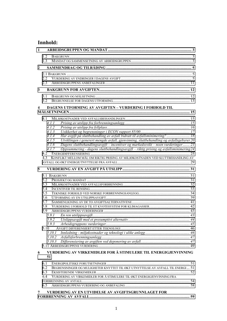 Forsiden av dokumentet Vurdering av omlegging av avgiften på sluttbehandling av avfall