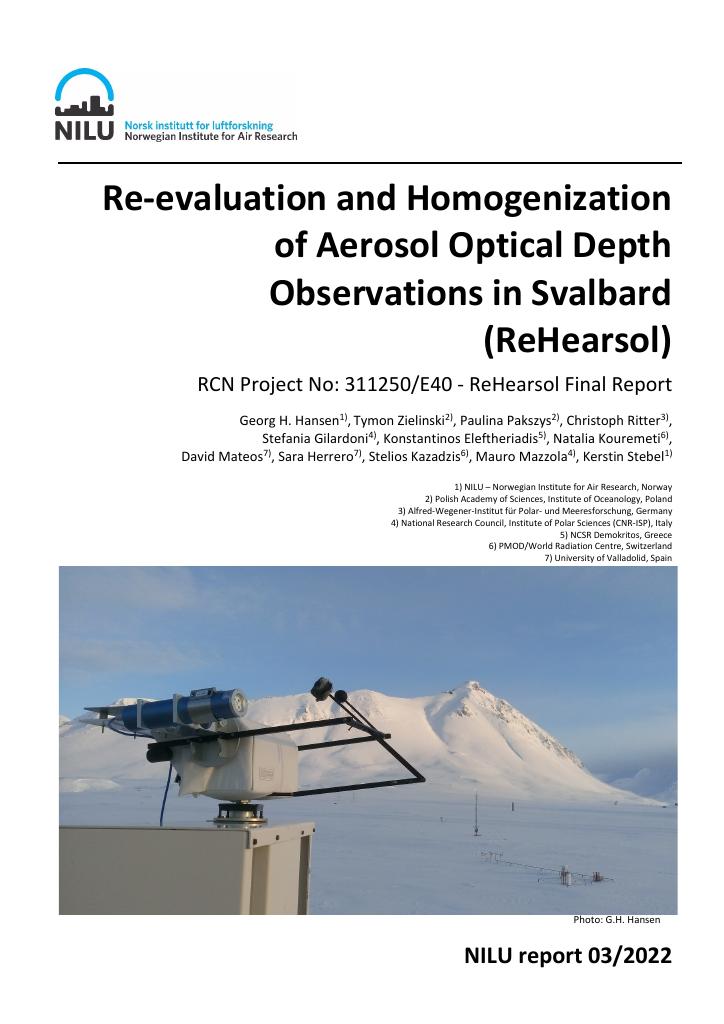 Forsiden av dokumentet Re-evaluation and Homogenization of Aerosol Optical Depth Observations in Svalbard (ReHearsol) : RCN Project No: 311250/E40 - ReHearsol Final Report