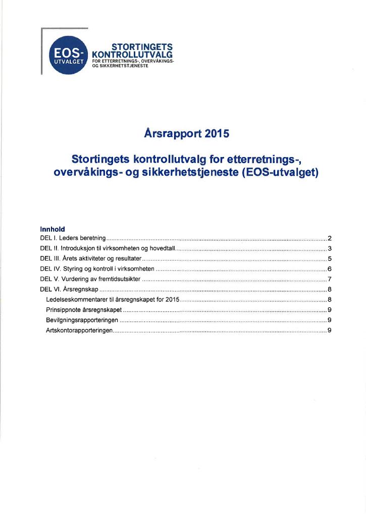 Forsiden av dokumentet Årsrapport EOS-utvalget 2015