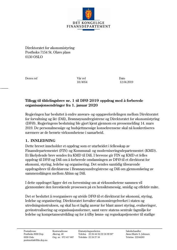 Forsiden av dokumentet Tildelingsbrev DFØ 2019 - tillegg nr. 1