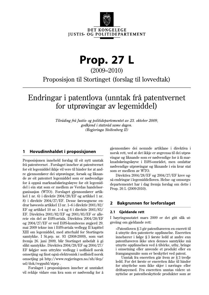 Forsiden av dokumentet Prop. 27 L (2009-2010)