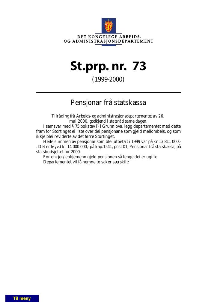 Forsiden av dokumentet St.prp. nr. 73 (1999-2000)