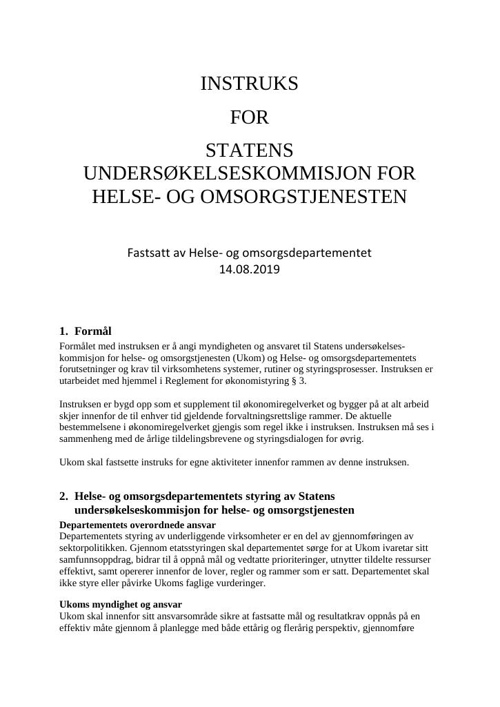 Forsiden av dokumentet Instruks Statens undersøkelseskommisjon for helse- og omsorgstjenesten (UKOM) 2019