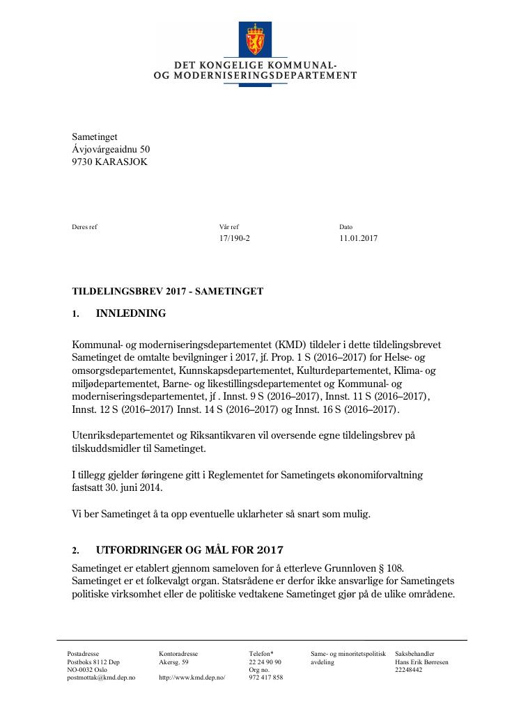 Forsiden av dokumentet Tildelingsbrev (pdf)