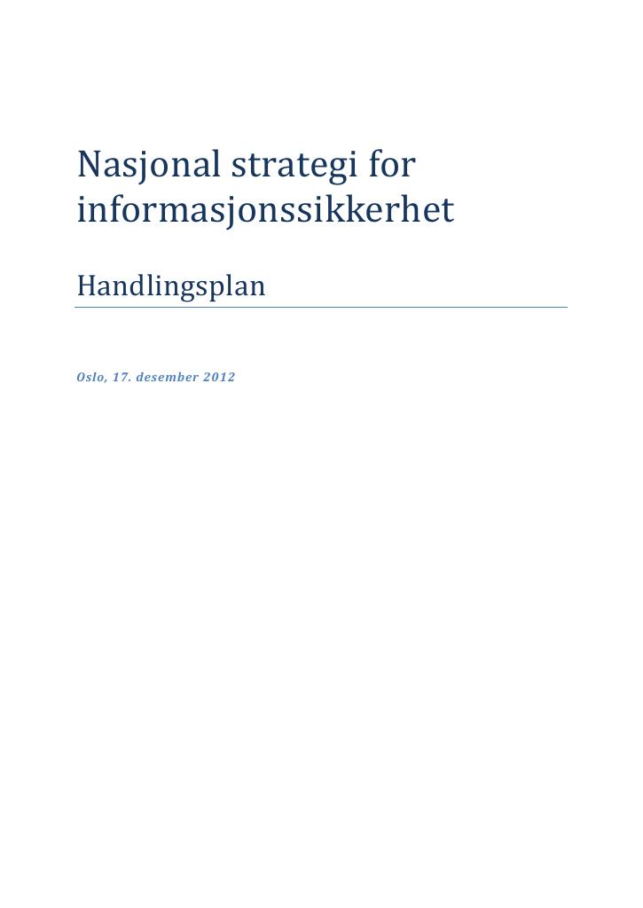 Forsiden av dokumentet Handlingsplan - Nasjonal strategi for informasjonssikkerhet