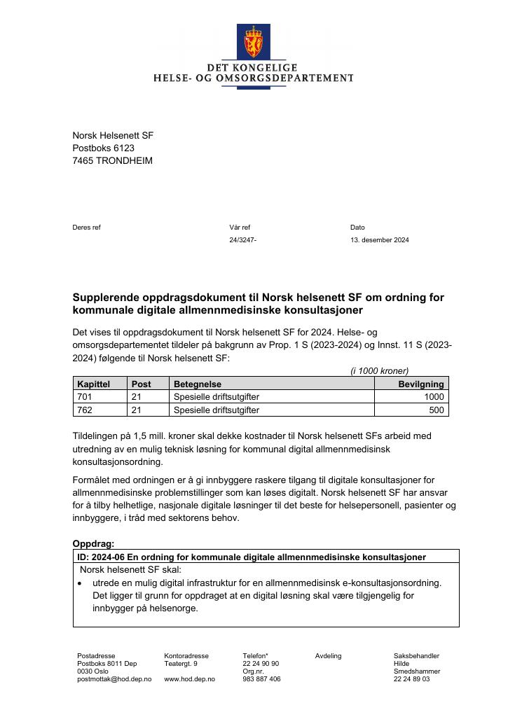 Forsiden av dokumentet Supplerende oppdragsbrev Norsk Helsenett SF