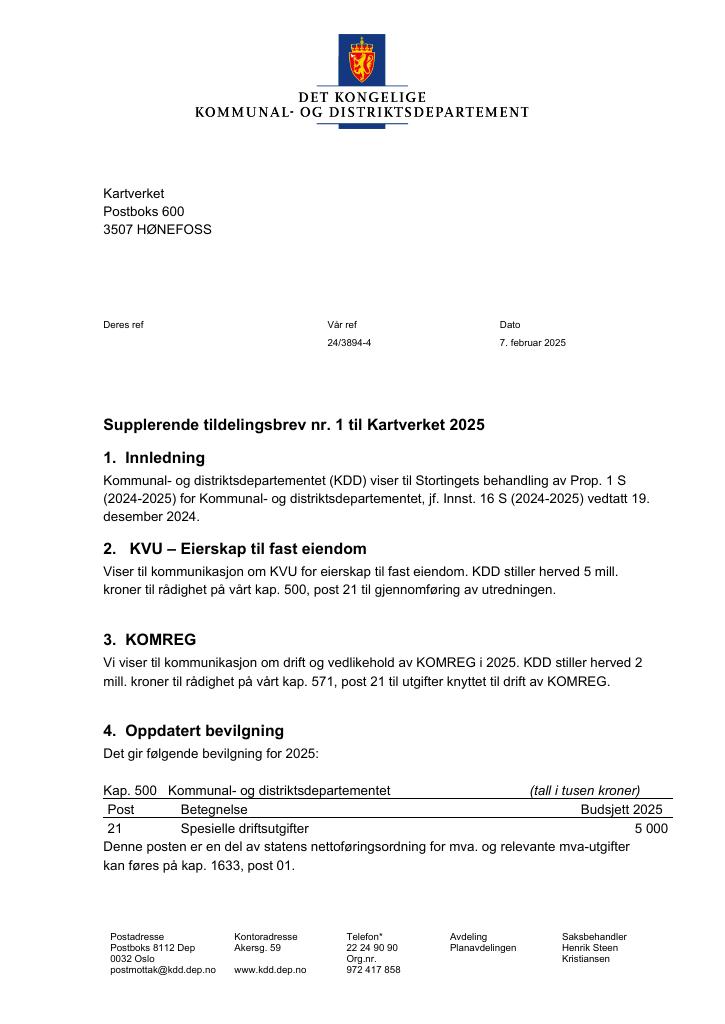 Forsiden av dokumentet Tildelingsbrev Kartverket 2025 - tillegg nr. 1