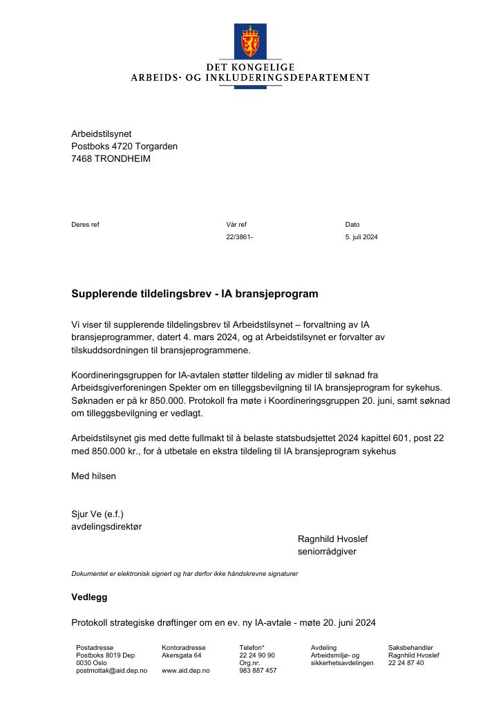 Forsiden av dokumentet Tildelingsbrev Arbeidstilsynet 2024 - tillegg nr. 4