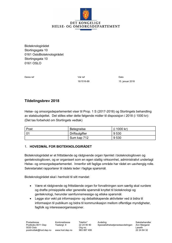 Forsiden av dokumentet Tildelingsbrev Bioteknologirådet 2018