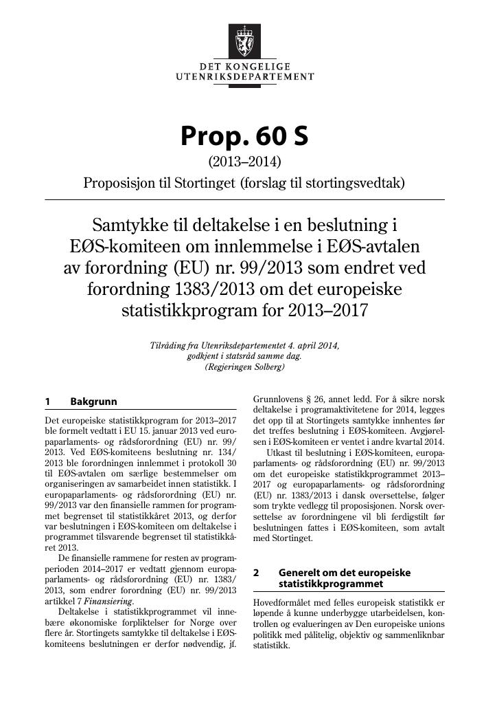 Forsiden av dokumentet Prop. 60 S (2013–2014)