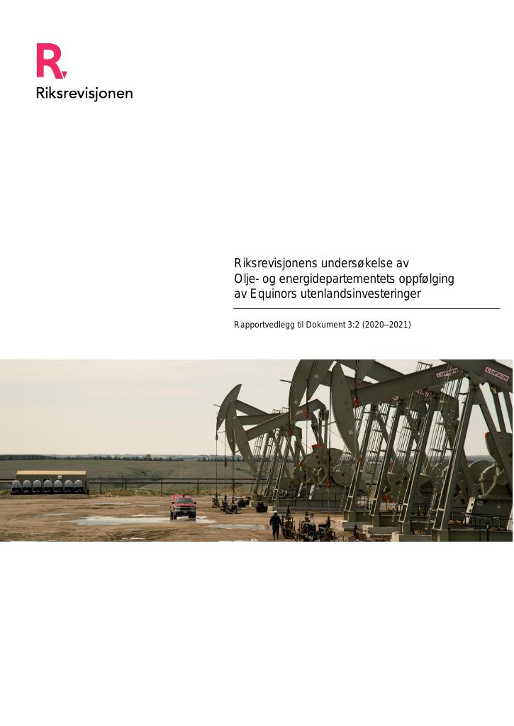 Forsiden av dokumentet Riksrevisjonens undersøkelse av Olje- og energidepartementets oppfølging av Equinors utenlandsinvesteringer