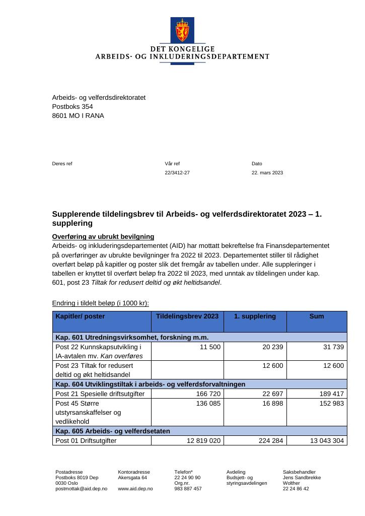 Forsiden av dokumentet Tildelingsbrev Arbeids- og velferdsdirektoratet 2023 - tillegg nr. 1