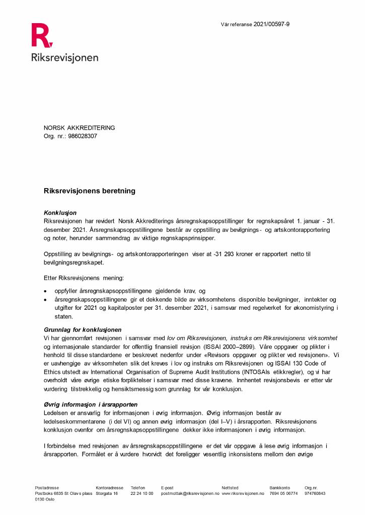 Forsiden av dokumentet Revisjonsberetning Norsk akkreditering 2021