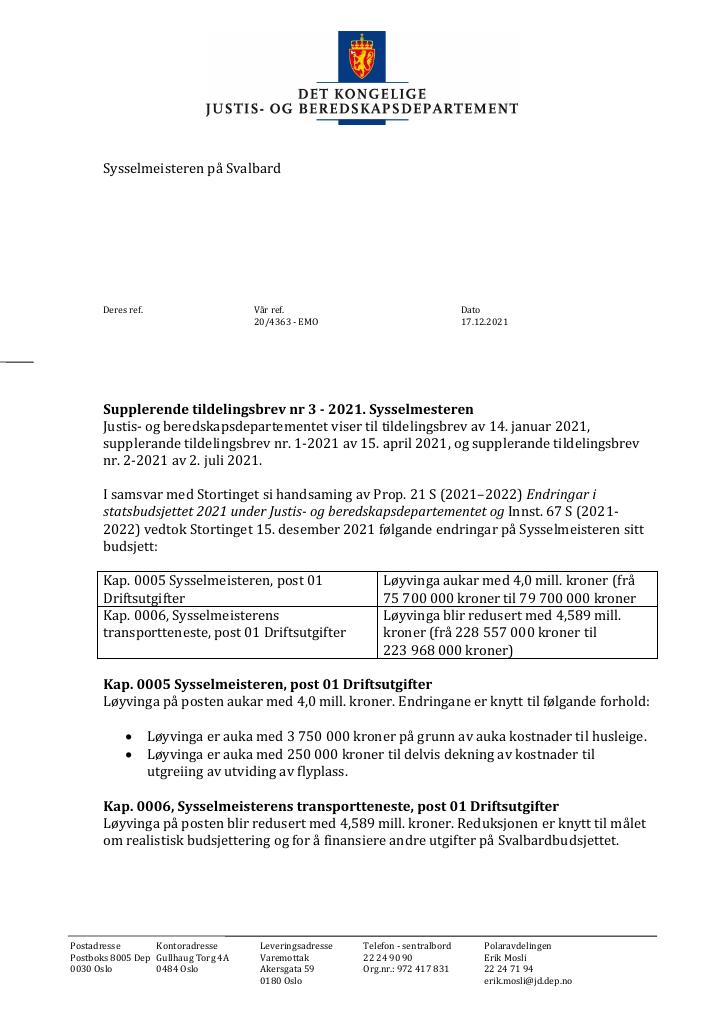 Forsiden av dokumentet Tildelingsbrev Sysselmesteren på Svalbard 2022 - tillegg nr. 3