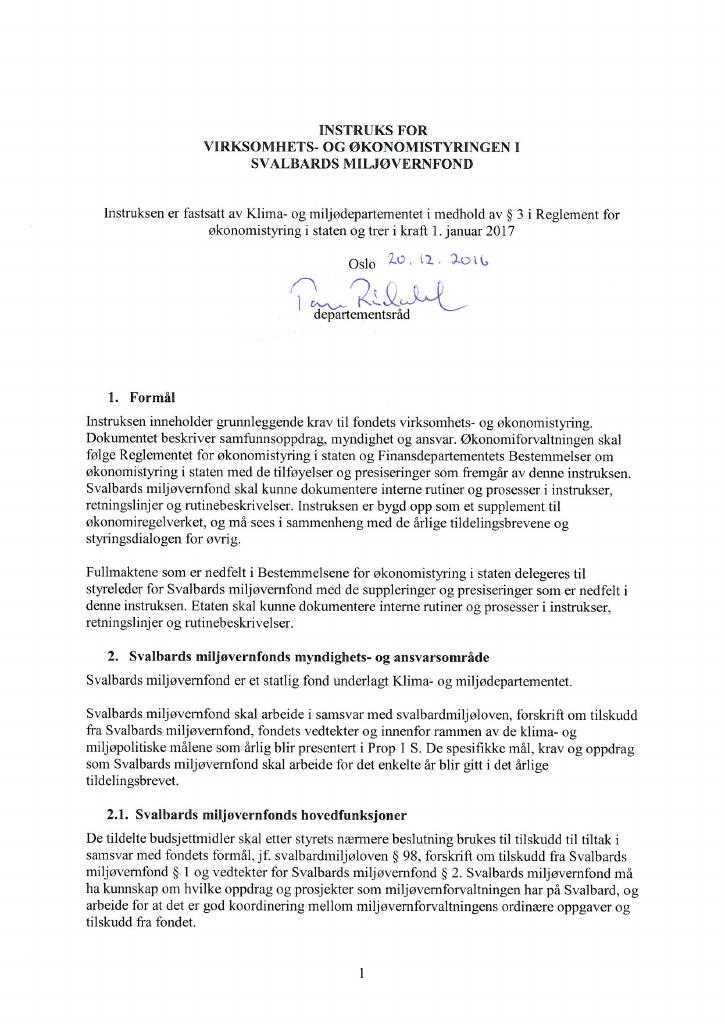 Forsiden av dokumentet Instruks Svalbards miljøvernfond 2017