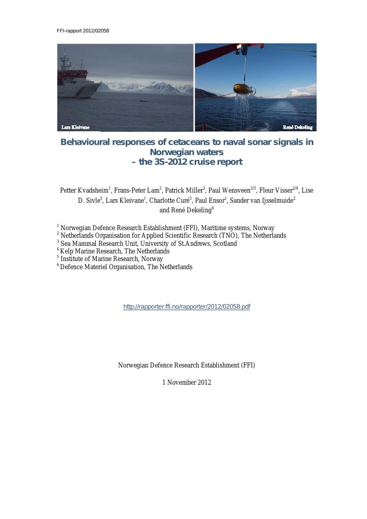 Forsiden av dokumentet Behavioural responses of cetaceans to naval signals in Norwegian waters - the 3S-2012 cruise report