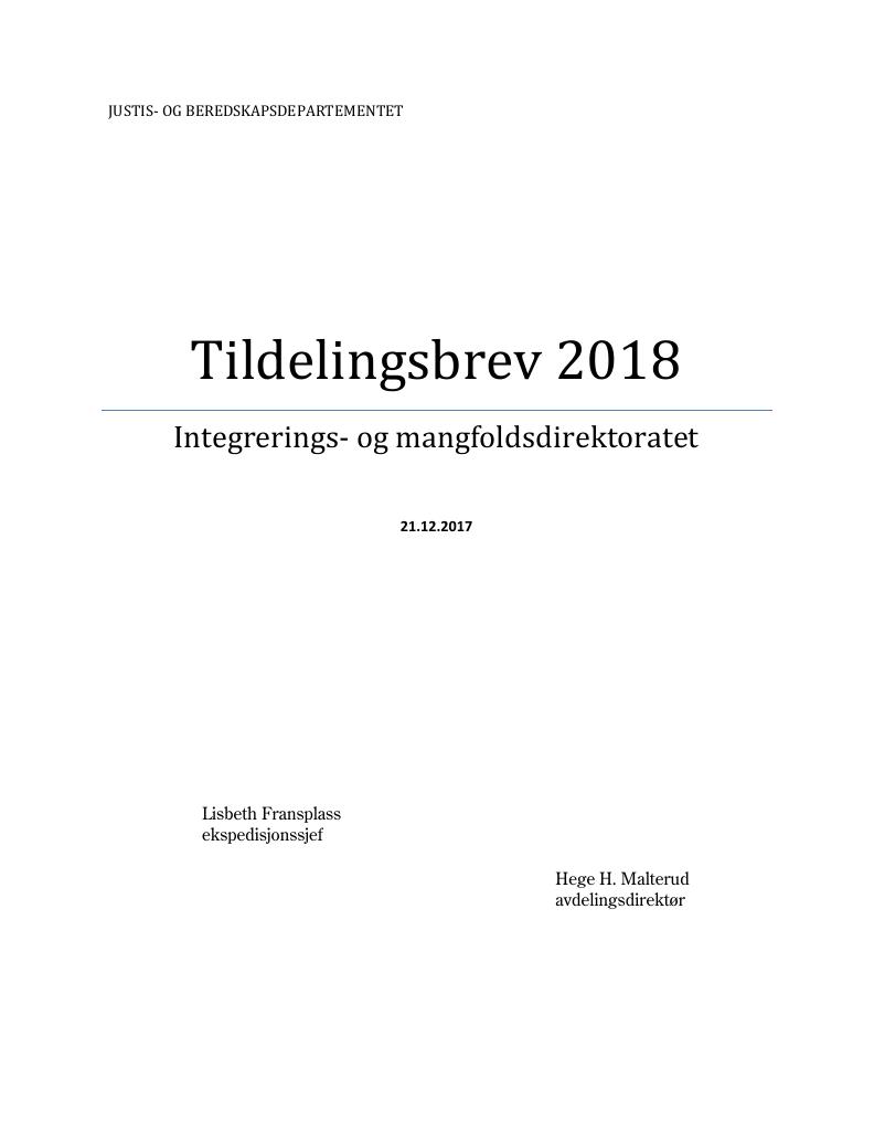 Forsiden av dokumentet Tildelingsbrev Integrerings- og mangfoldsdirektoratet 2018