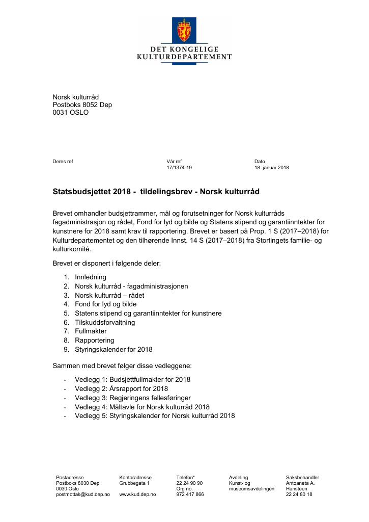 Forsiden av dokumentet Tildelingsbrev Kulturdirektoratet 2018