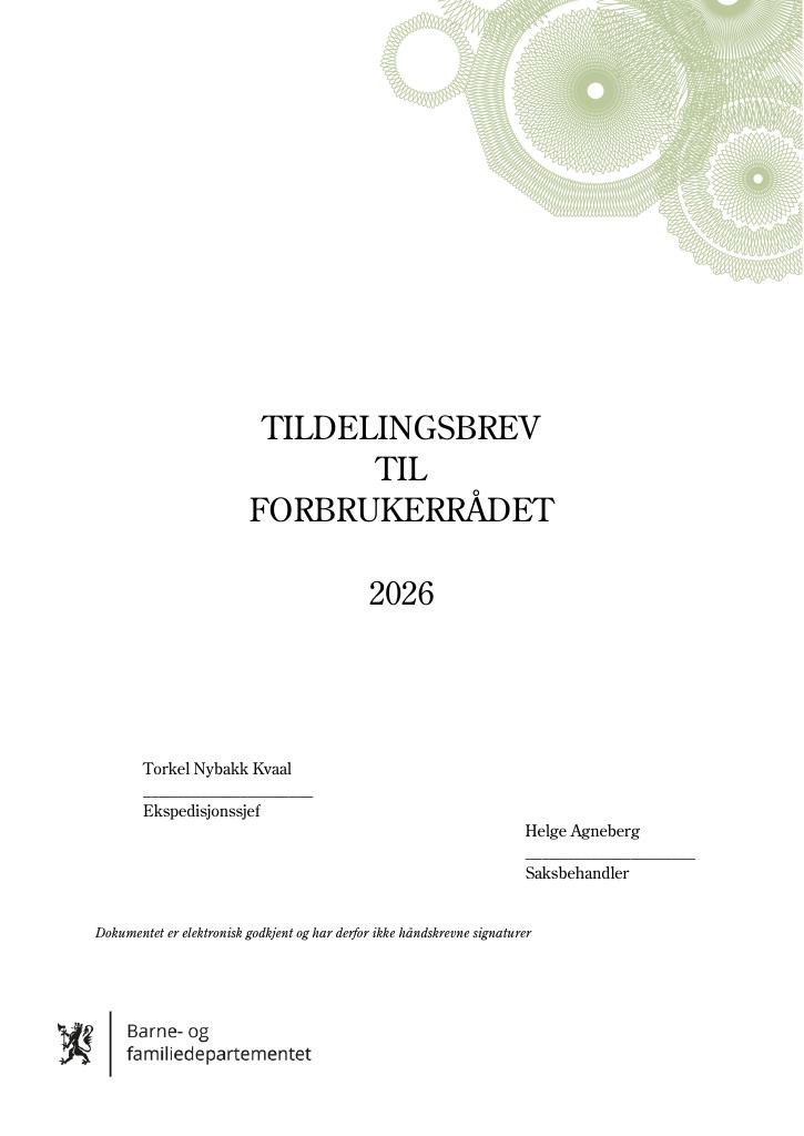 Forsiden av dokumentet Tildelingsbrev Forbrukerrådet 2026