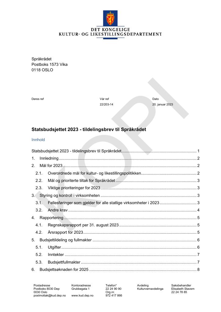 Forsiden av dokumentet Tildelingsbrev Språkrådet 2023 - kopi