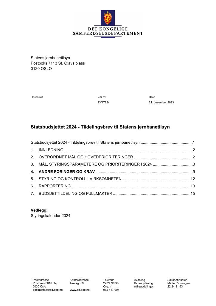 Forsiden av dokumentet Tildelingsbrev Statens jernbanetilsyn 2024