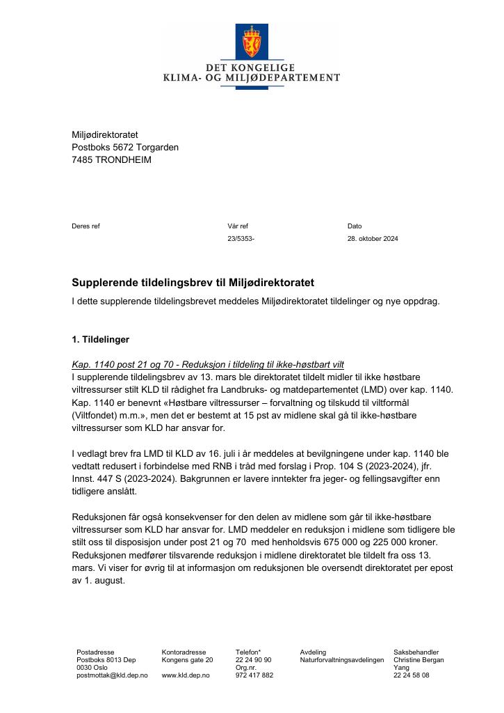 Forsiden av dokumentet Tildelingsbrev Miljødirektoratet 2024 - tillegg nr. 28