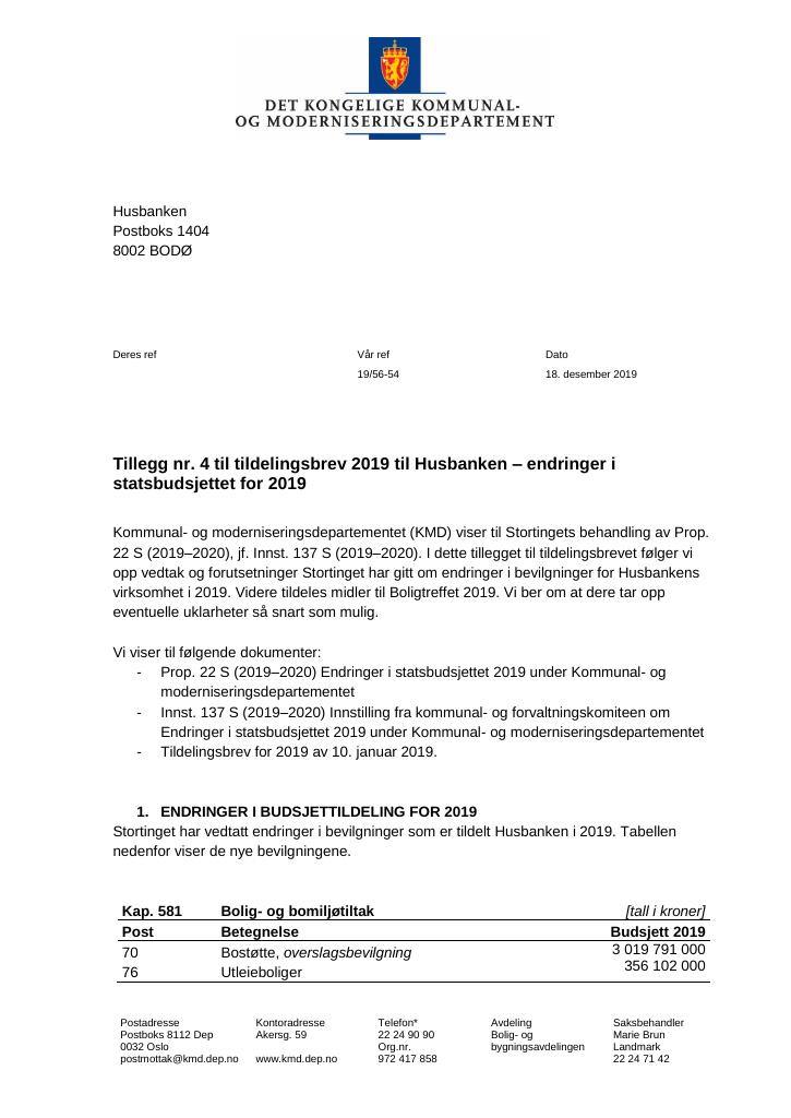 Forsiden av dokumentet Tillegg nr 4 til tildelingsbrev 2019 til Husbanken.pdf