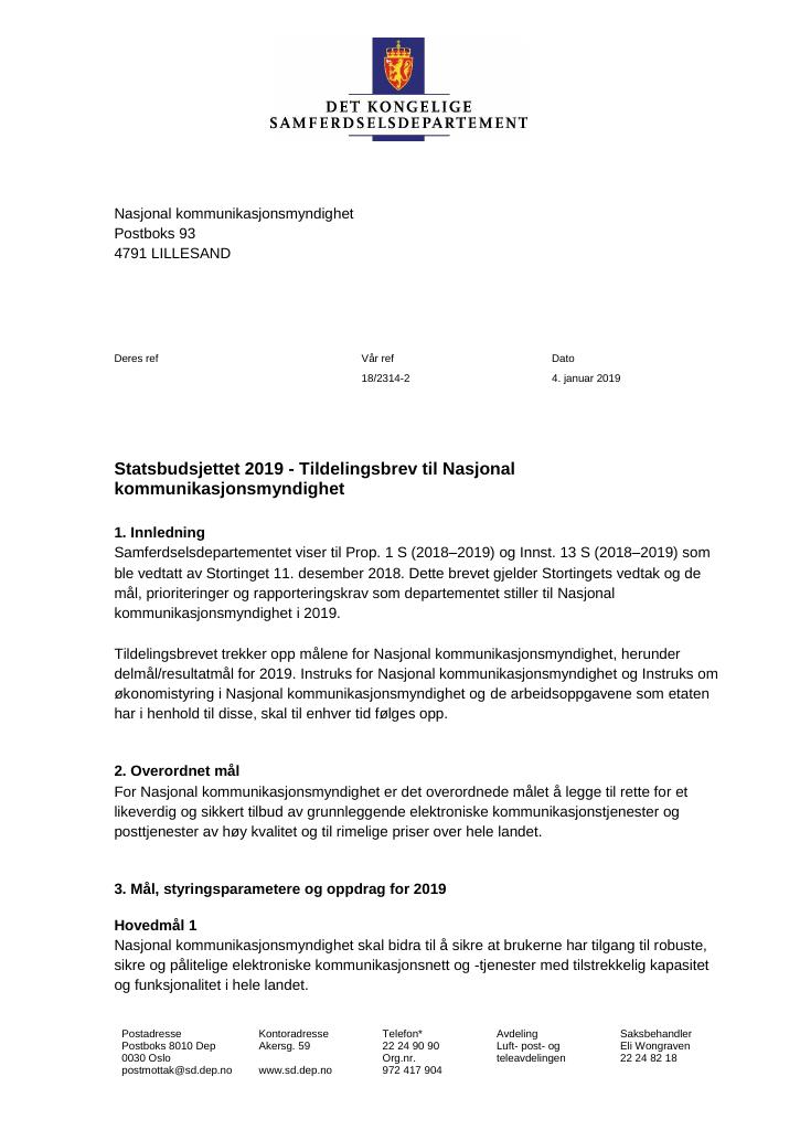 Forsiden av dokumentet Tildelingsbrev Nasjonal kommunikasjonsmyndighet 2019