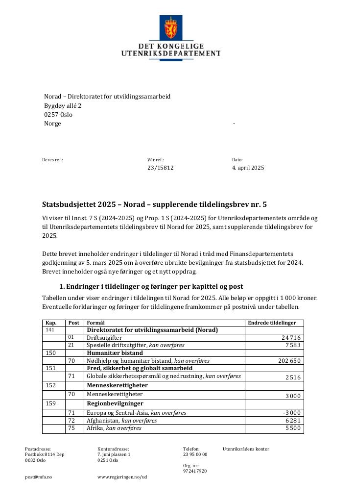 Forsiden av dokumentet Tildelingsbrev Norad 2025 - tillegg nr. 5