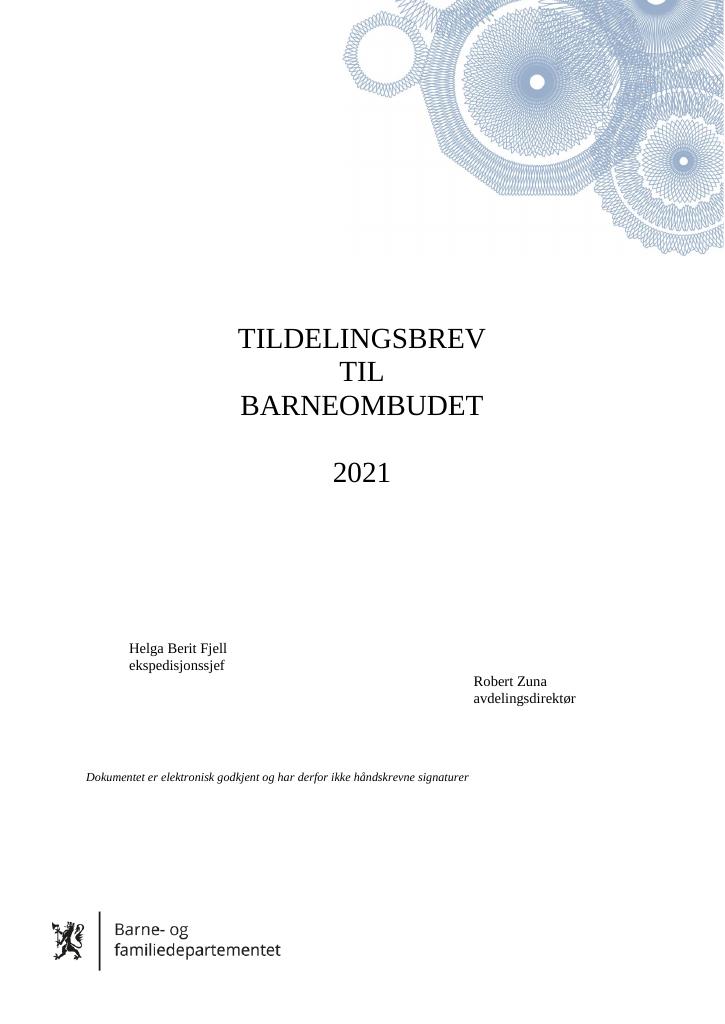 Forsiden av dokumentet Tildelingsbrev Barneombudet 2021