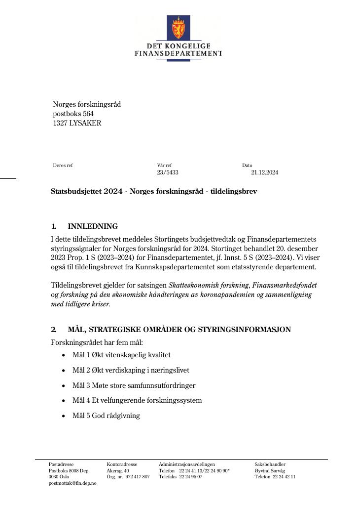Forsiden av dokumentet Tildelingsbrev 2024