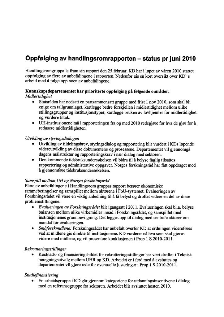 Forsiden av dokumentet Oppfølging av handlingsromrapporten- status per juni 2010