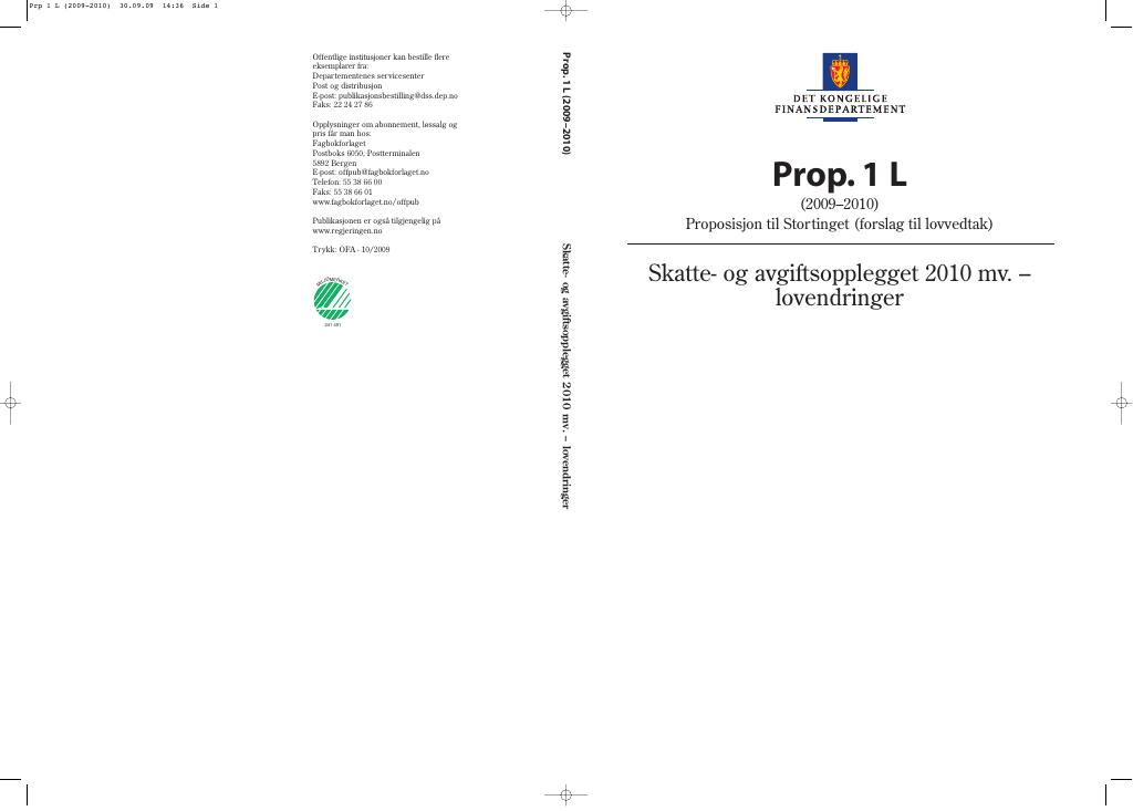 Forsiden av dokumentet Prop. 1 L (2009-2010)