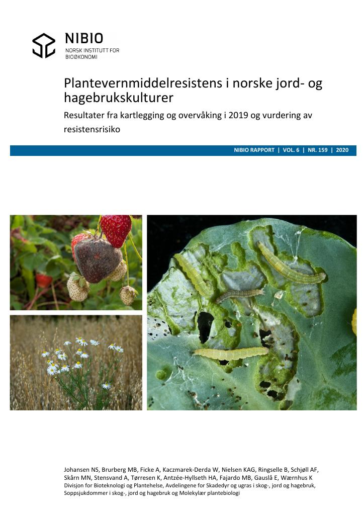 Forsiden av dokumentet Plantevernmiddelresistens i norske jord- og hagebrukskulturer : resultater fra kartlegging og overvåking i 2019 og vurdering av resistensrisiko