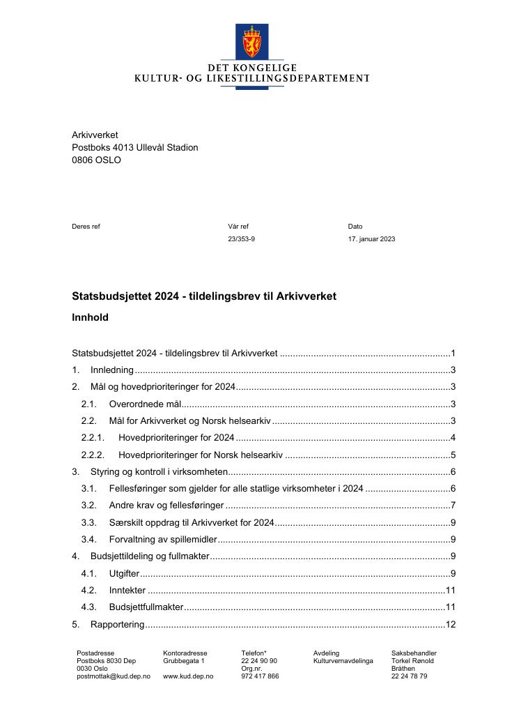 Forsiden av dokumentet Tildelingsbrev Arkivverket 2024