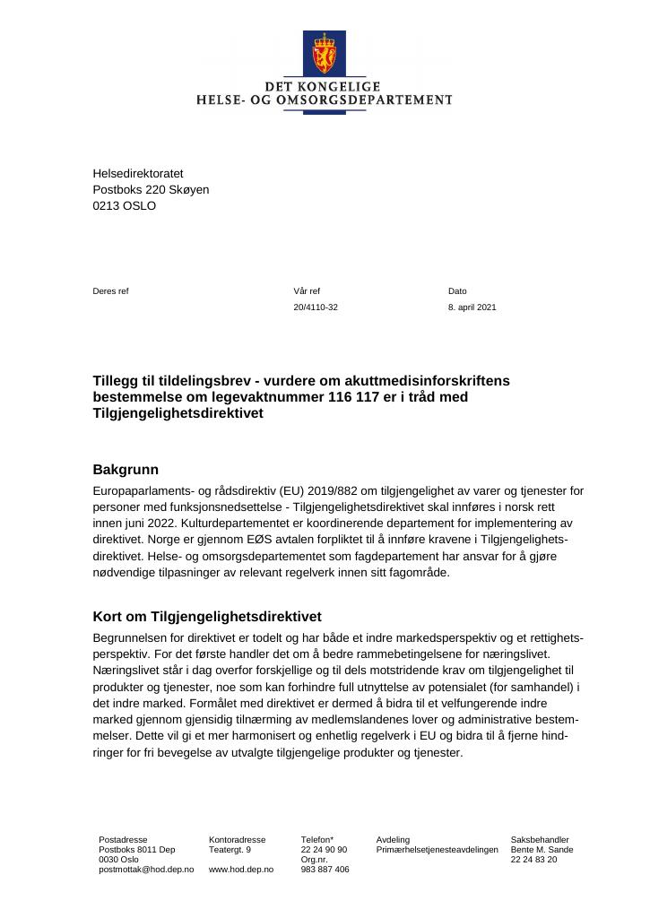 Forsiden av dokumentet Tildelingsbrev Helsedirektoratet 20221 - tillegg av 8. april 2021