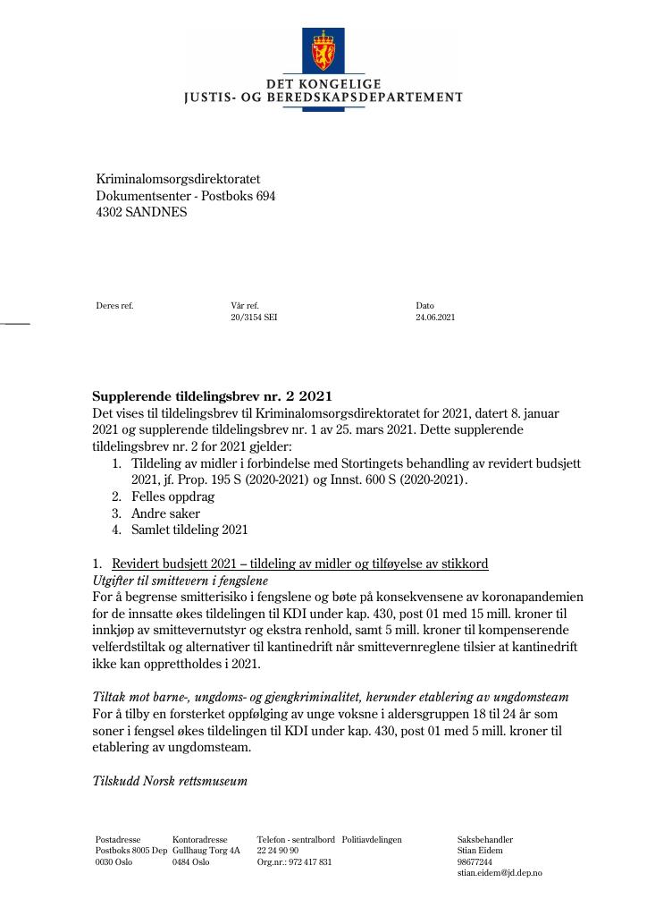 Forsiden av dokumentet Supplerende tildelingsbrev nr. 2 2021 (PDF)