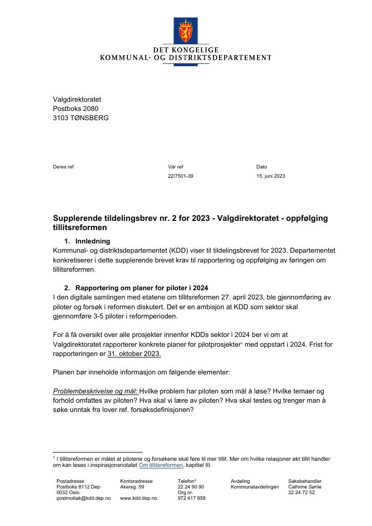 Forsiden av dokumentet tilleggsbrev nr. 2 (pdf) 2023
