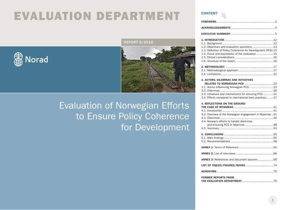Forsiden av dokumentet Evaluation of Norwegian Efforts to Ensure Policy Coherence for Development
