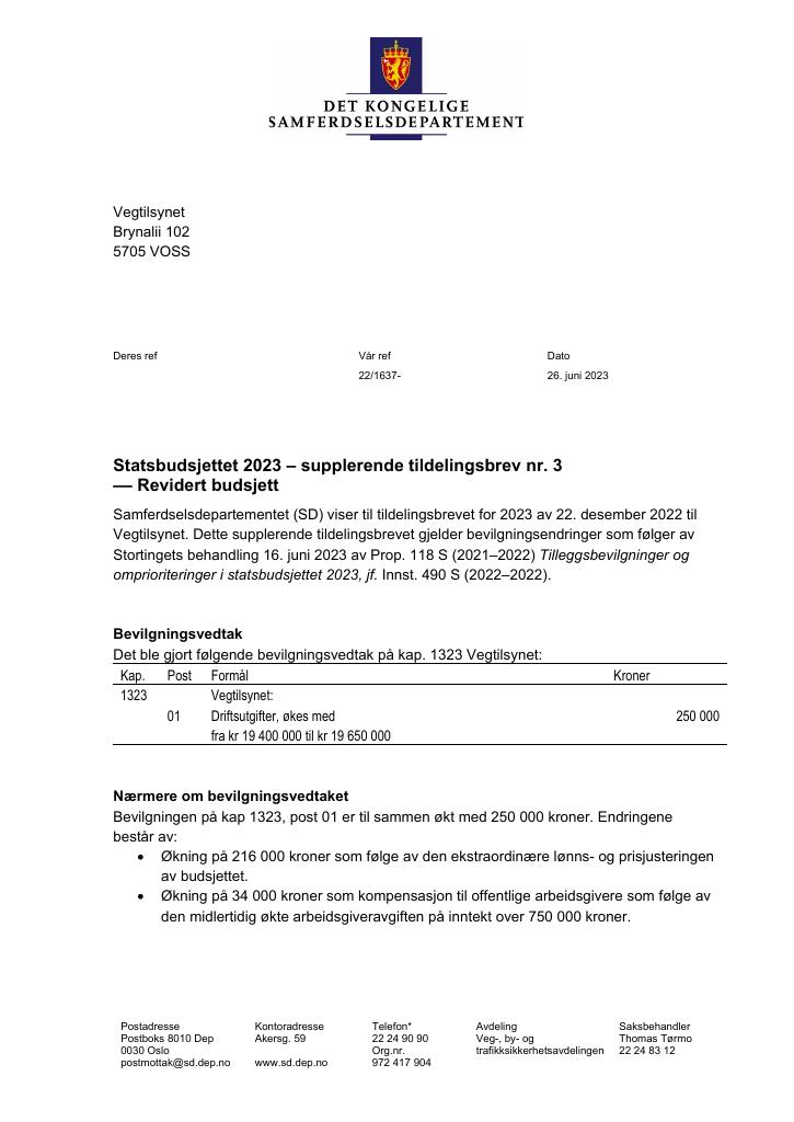 Forsiden av dokumentet Tildelingsbrev Vegtilsynet 2023 - tillegg nr. 3