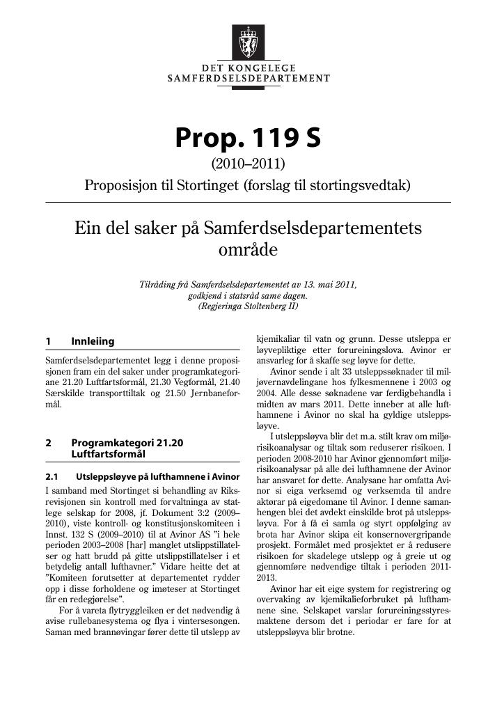 Forsiden av dokumentet Prop. 119 S (2010–2011)