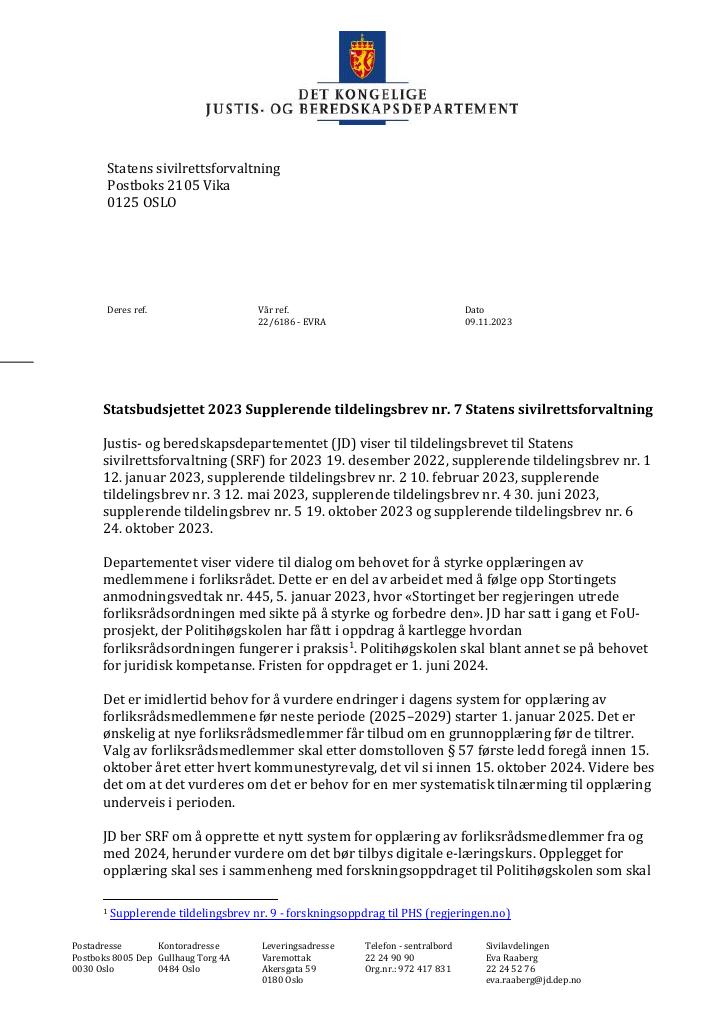 Forsiden av dokumentet Tildelingsbrev Statens sivilrettsforvaltning 2023 - tillegg nr. 7